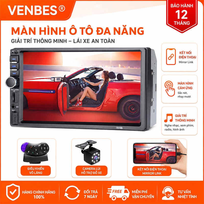 VENBES 7 "Đài Phát Thanh Ô Tô Đa Năng 2 Din Đa Phương Tiện MirrorLink Màn Hình Cảm Ứng BT AUX FM Camera Quan Sát Phía Sau