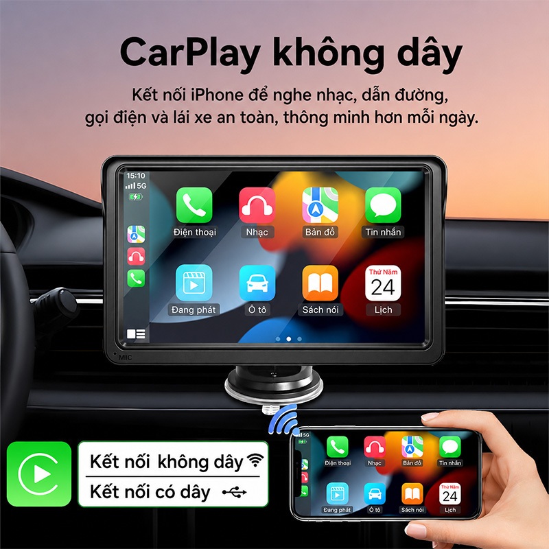 VENBES 7 Inch Carplay Android Auto Car Multimedia Player Màn hình HD di động Camera sau AUX / USB