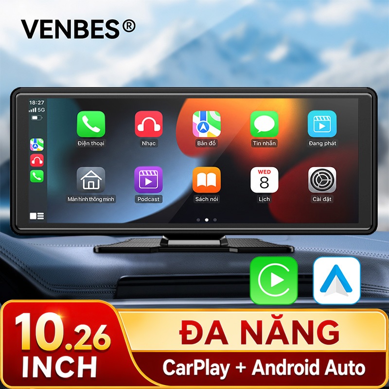 VENBES 10.26 Inch Máy nghe nhạc đa phương tiện trên ô tô Carplay không dây Android Màn hình cảm ứng tự động Camera quan sát phía sau