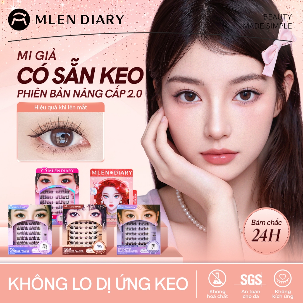 MLEN DIARY Mi Giả Tự Dính Không Cần Keo, Tự Nhiên, Dễ Dùng, Giữ Nếp Suốt 24h, An Toàn Không Kích Ứng
