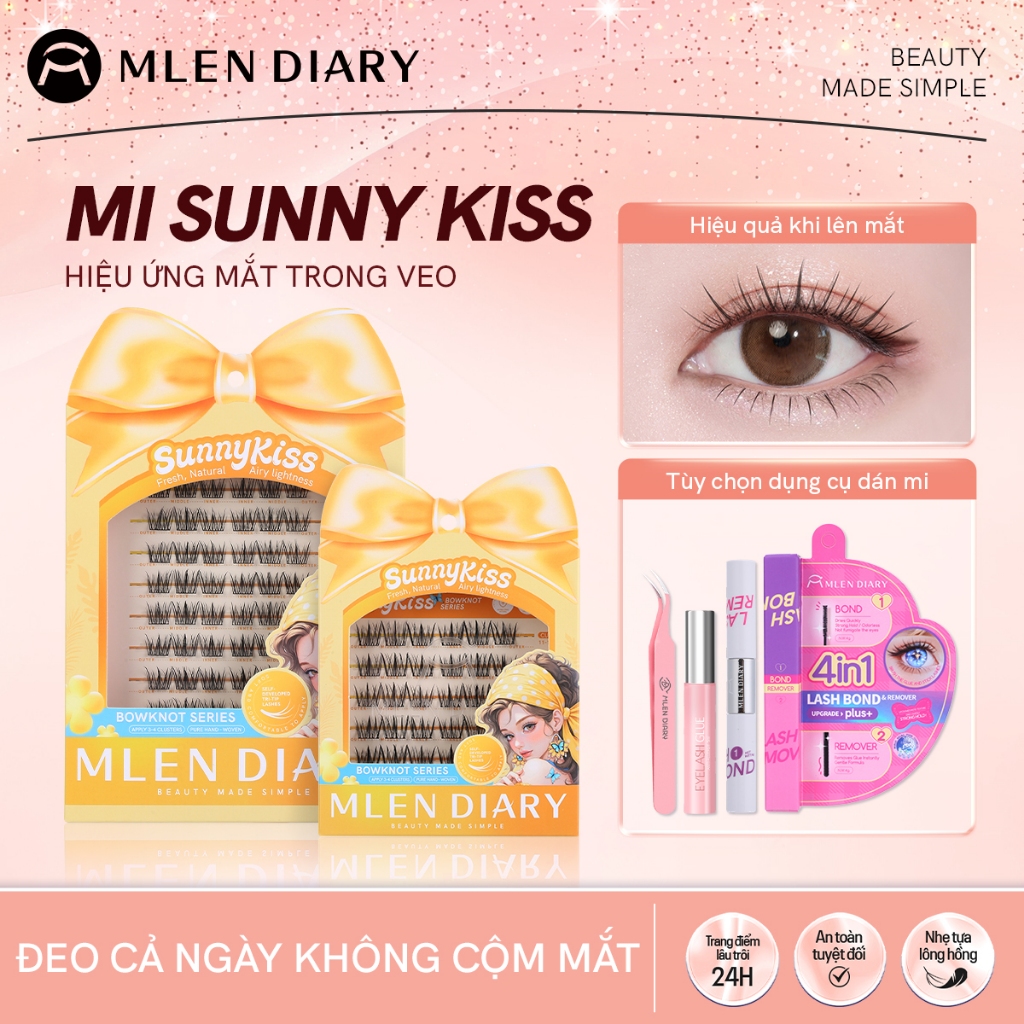 MLEN DIARY Mi Giả Dáng Cụm Nơ Bướm Bow Series, Sợi Mi Mềm Nhẹ, Độ Cong C Dễ Dán Cho Người Mới, Tái Sử Dụng Nhiều Lần