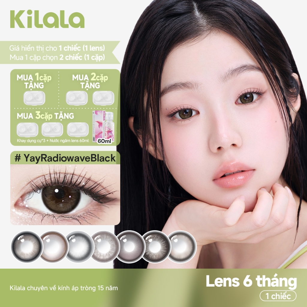 [ 1 chiếc lens ] Kính áp tròng Kilala màu nâu Yay Radiowave Black/Wild Fruit Brown/Sakura Pink lens cận 6 tháng DIA 14.2-14.5mm có độ (0-7)