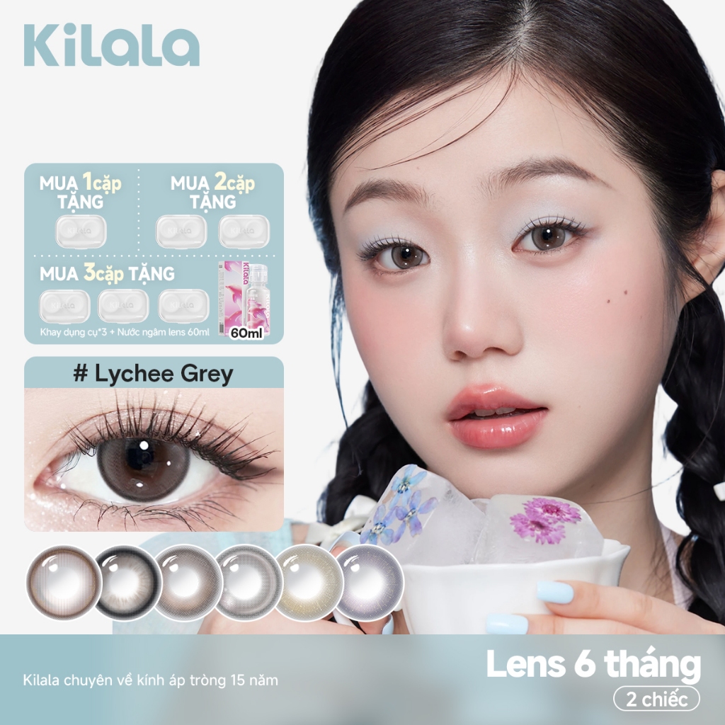 Kính áp tròng Kilala màu đen Lychee Grey/White Peach Brown/Wild Fruit Brown lens cận 6 tháng DIA 14.2mm có độ (0-7) 1 cặp.