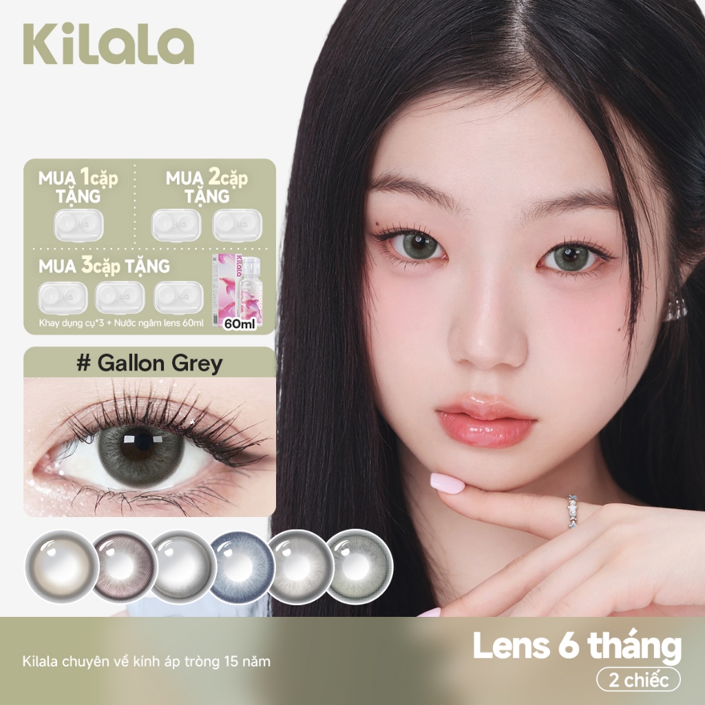 Kính áp tròng Kilala màu đen Gallon Grey/Rosy Pink/Fairy Green lens cận 6 tháng DIA 14.2mm có độ (0-7) 1 cặp.