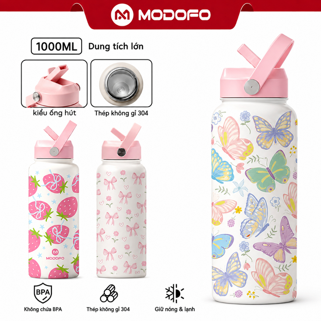 MODOFO 【1000ML】Bình Giữ Nhiệt Có Ống Hút | In Hình Dễ Thương | Giữ Nóng Lạnh 12H | Mang Đi Học, Đi Làm