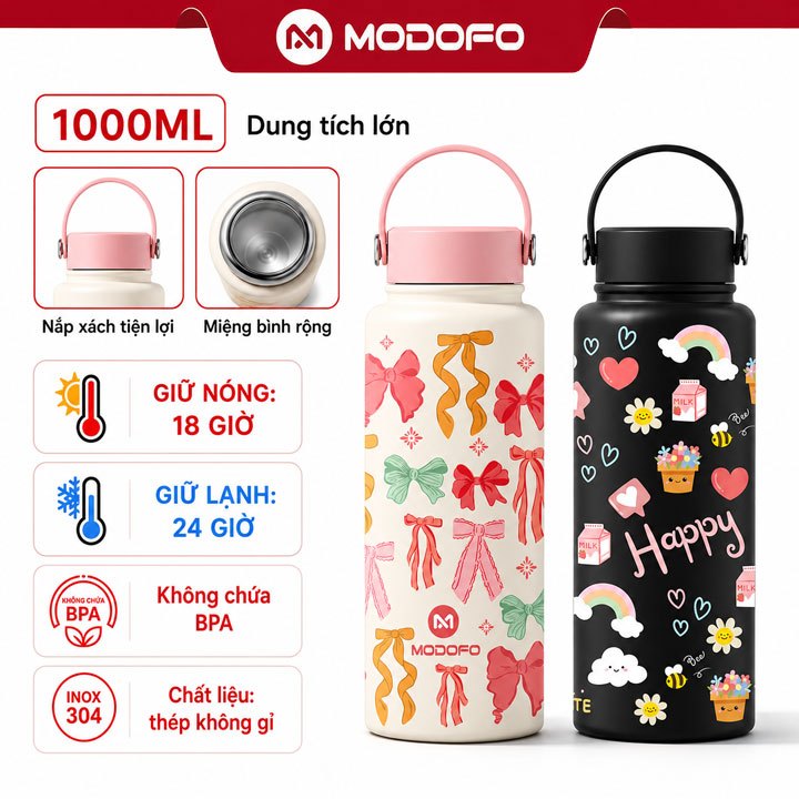 MODOFO【1000ML】Bình Giữ Nhiệt In Hoa Dễ Thương | Miệng Rộng Có Ống Hút | Giữ Lạnh 12H | Mang Đi Học, Đi Làm