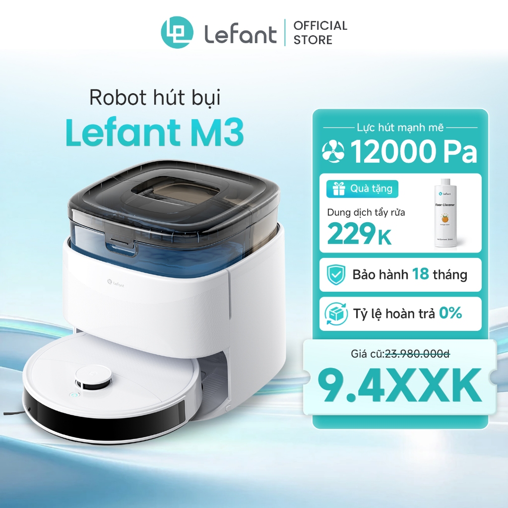 Lefant M3 Robot Hút Bụi Lau Nhà Thông Minh 12000Pa Tự giặt giẻ lau App Cho nhà có thú cưng