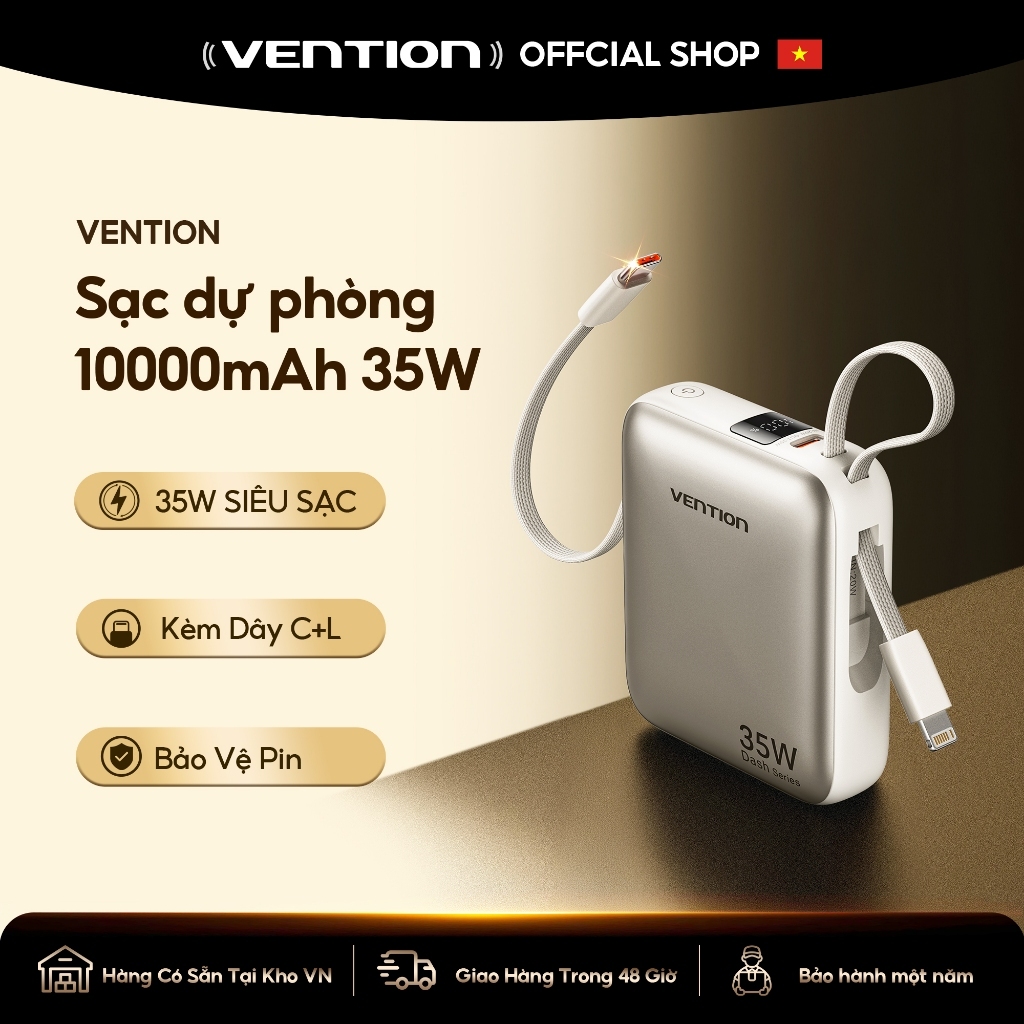 Vention Sạc Dự Phòng 10000mAh 35W – Tích hợp dây Type C + Dây Lightning