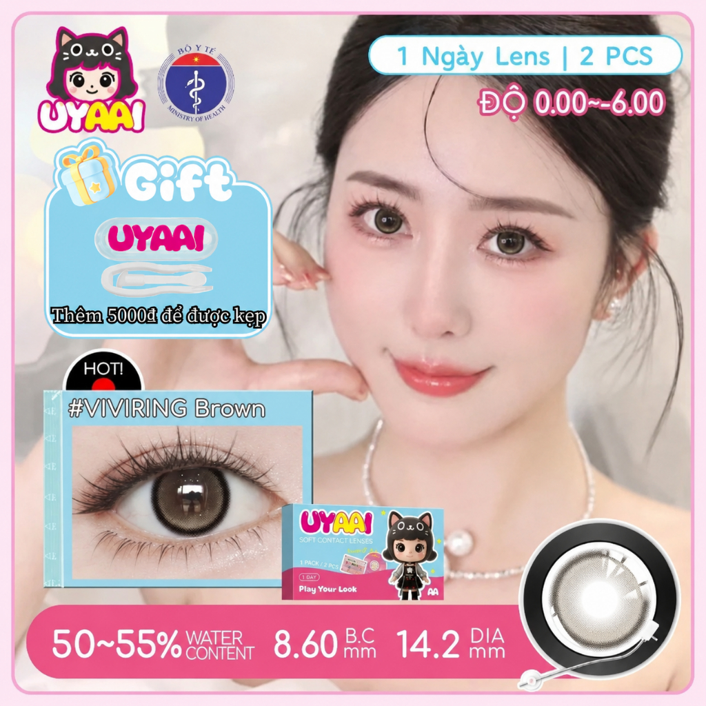 [1 Ngày] Kính Áp tròng UYAAI màu nâu lens 1 ngày ,lens cận có độ (0-5), màu nâu/xám/đen Lens Mắt，（Không kẹp）
