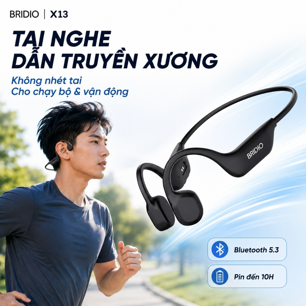 Tai Nghe Bluetooth Dẫn Truyền Xương BRIDIO X13 Thể Thao Không Nhét Tai IPX5 Pin 10H
