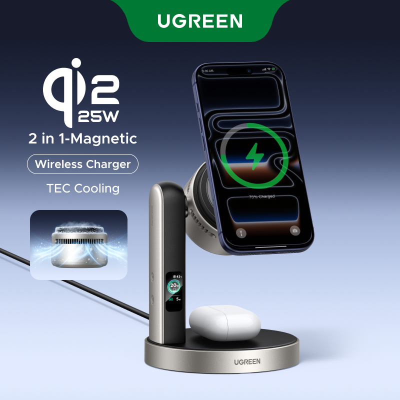 UGREEN Qi2 25W Bộ sạc không dây 2 trong 1 Quạt làm mát tích hợp Màn hình hiển thị thông minh Lực từ tính mạnh cho iPhone 18 Pro Max 17 Pro Max Tai nghe Airpods Galaxy Buds