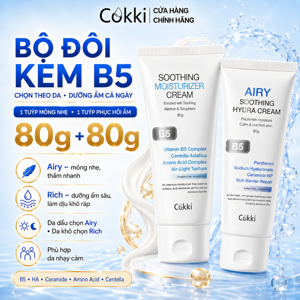 Bộ đôi kem phục hồi B5 Cokki 80g x 2 – Dạng nước nhẹ 80g + Dạng kem dưỡng ẩm 80g | Kem dưỡng da mặt cho da dầu mụn, da nhạy cảm | Cấp ẩm, làm dịu da, phục hồi hàng rào bảo vệ
