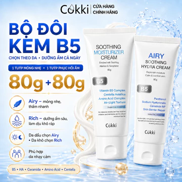 Bộ đôi kem phục hồi B5 Cokki 80g x 2 – Dạng nước nhẹ 80g + Dạng kem dưỡng ẩm 80g | Kem dưỡng da mặt cho da dầu mụn, da nhạy cảm | Cấp ẩm, làm dịu da, phục hồi hàng rào bảo vệ