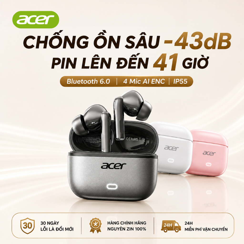 Tai nghe Bluetooth không dây chính hãng Acer OHR657, Chống ồn -43dB , 4 micrô AI ENC, Bluetooth 6.0, Tuổi thọ pin 41 giờ, Chống nước IPX5