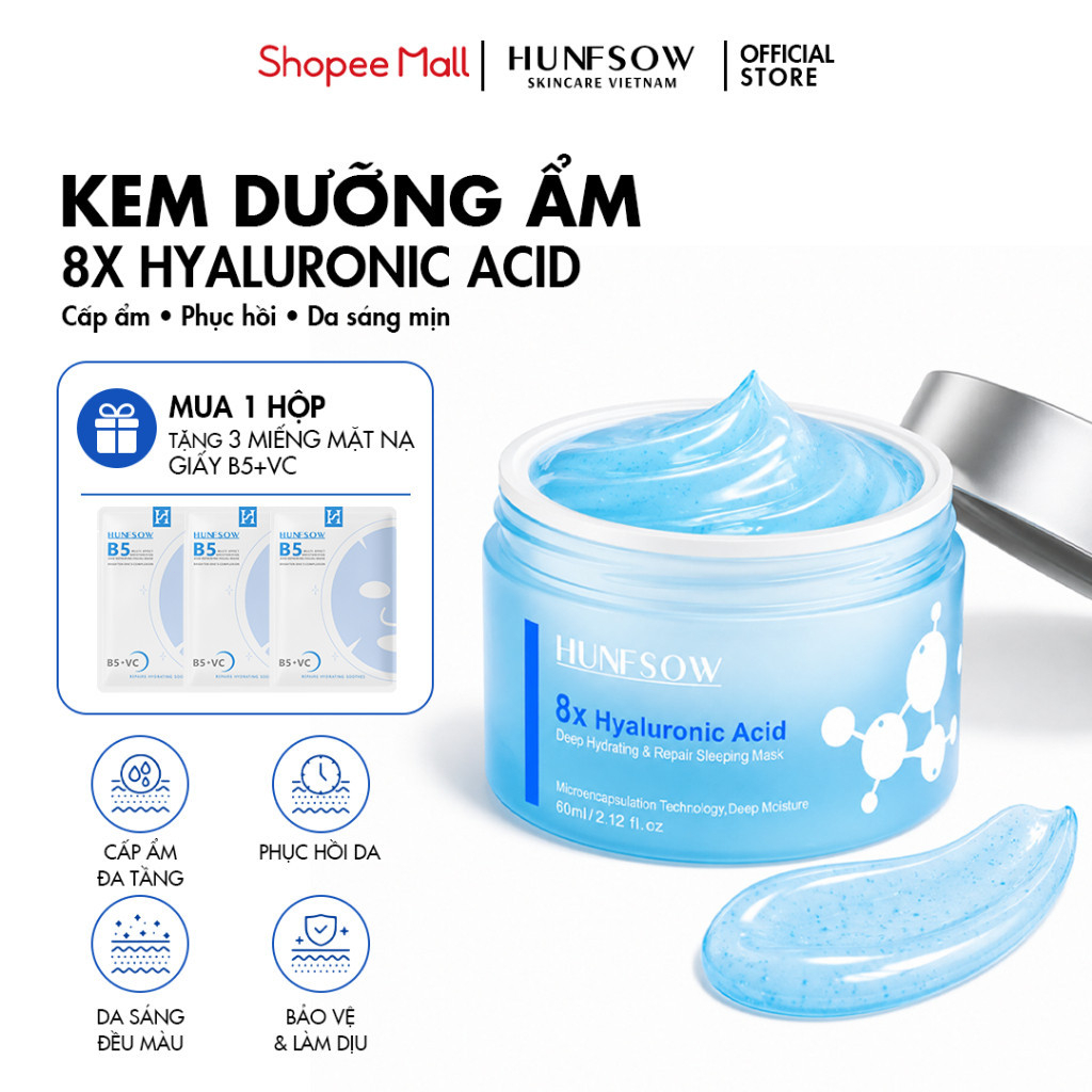 Mặt Nạ Ngủ HUNFSOW qua đêm Dưỡng ẩm và dưỡng da mềm mịn Dưỡng trắng dịu nhẹ Giúp Da Săn Chắc 8X Hyaluronic Acid Sleeping Mask 60ml