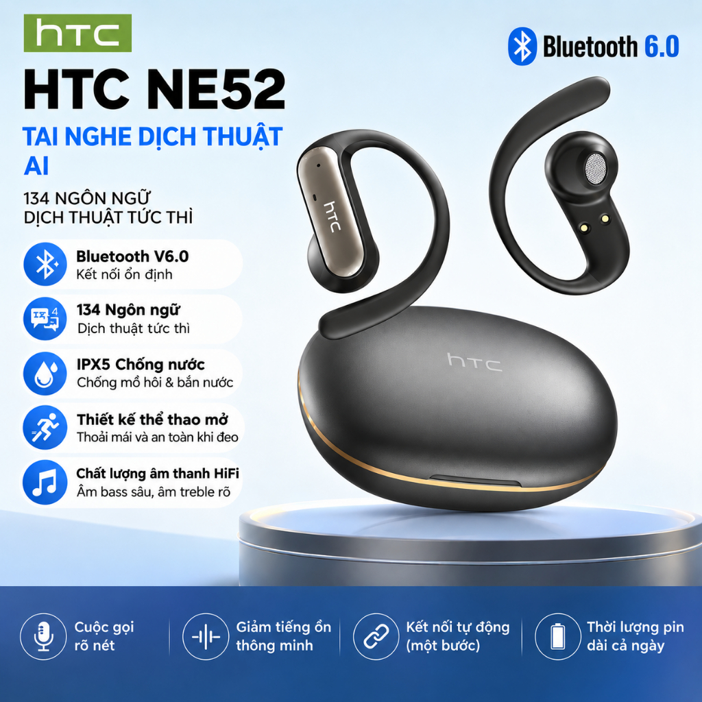 HTC NE52 Tai nghe Bluetooth mở phong cách Bản dịch thời gian thực 134 ngôn ngữ, 40 giờ siêu bền, Âm trầm HiFi, Chống nước IPX5, Kết nối Lightning Bluetooth 6.0 | BigBuy360 - bigbuy360.vn