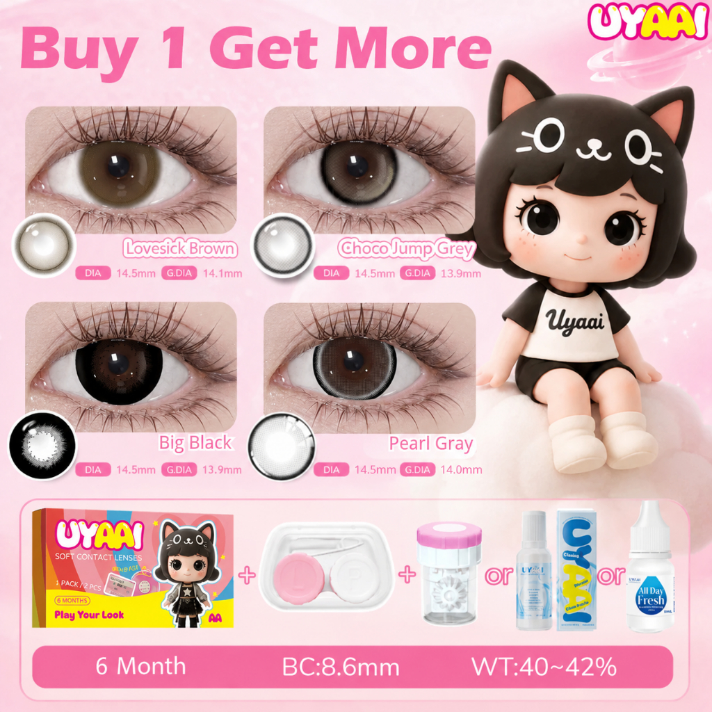 [HOT] Kính áp tròng UYAAI Big Black, Đen 14,5mm – Mềm 1 Cặp + Nước ngâm 60ml, Nhỏ Mắt 10ml, Dụng Cụ Vệ Sinh, lens khay