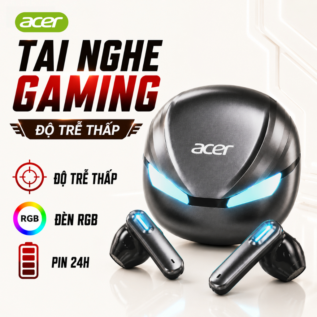 Tai nghe Bluetooth chơi game Acer OHR800TWS: Độ trễ thấp, Hiệu ứng chiếu sáng RGB 16 triệu màu, Tuổi thọ pin lên đến 24 giờ, Micro giảm tiếng ồn, 2 chế độ, Hỗ trợ kết nối ứng dụng