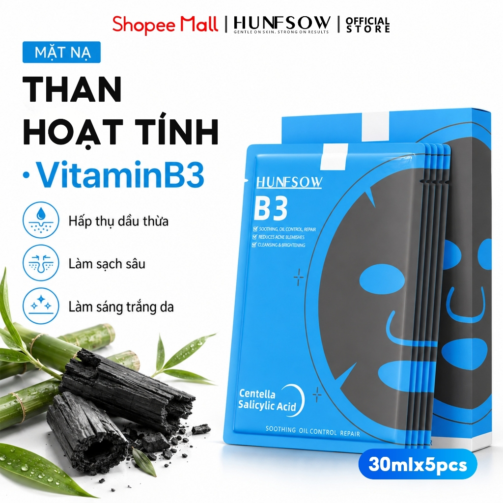 Mặt Nạ Giấy B3 Niacinamide HUNFSOW Cho Da Dầu Mụn - Cấp Ẩm, Kiềm Dầu, Làm Dịu, Hộp 5 Miếng