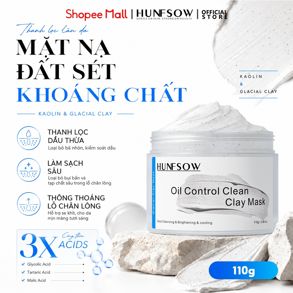 HUNFSOW Mặt nạ đất sét kiềm dầu làm sạch sâu Thu nhỏ lỗ chân lông giảm mụn đầu đen và giảm mụn Không gây khô 110g