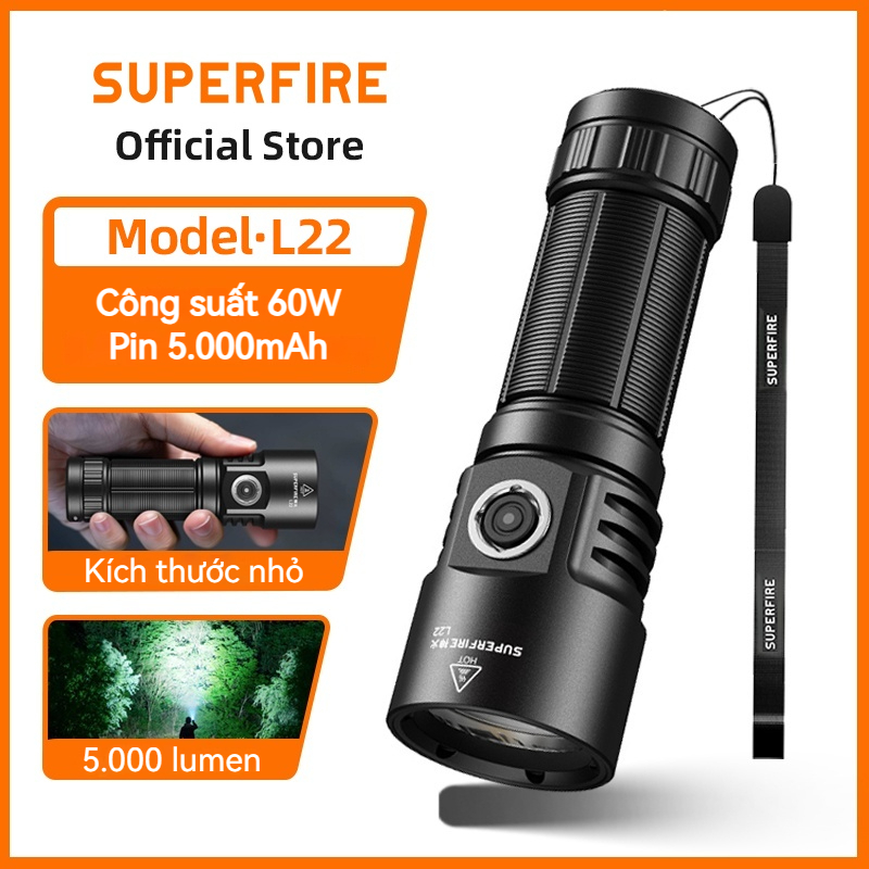 Đèn pin LED SUPERFIRE L22 60W Siêu sáng 5000 Lumen Đèn pin Power Bank Chức năng sạc lại Đèn lồng tự vệ