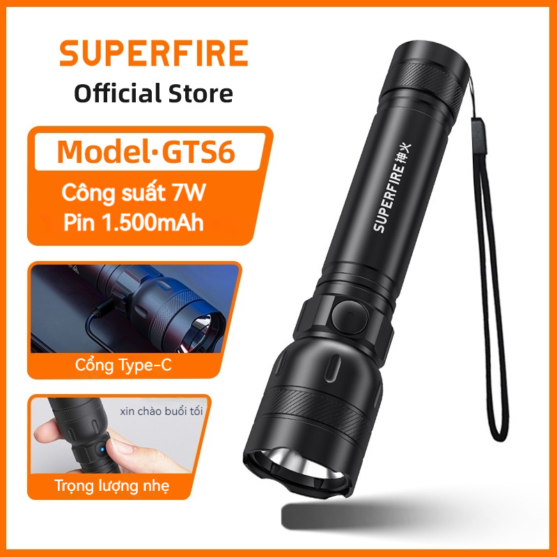 Đèn Pin Siêu Sáng SUPERFIRE GTS6 7W 5 Chế Độ Kèm Pin Sạc Type-C