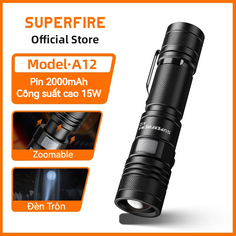 SUPERFIRE A12 15W Đèn pin siêu zoom có thể sạc lại Đèn LED chống nước sáng cắm trại bằng hợp kim nhôm Đèn làm việc