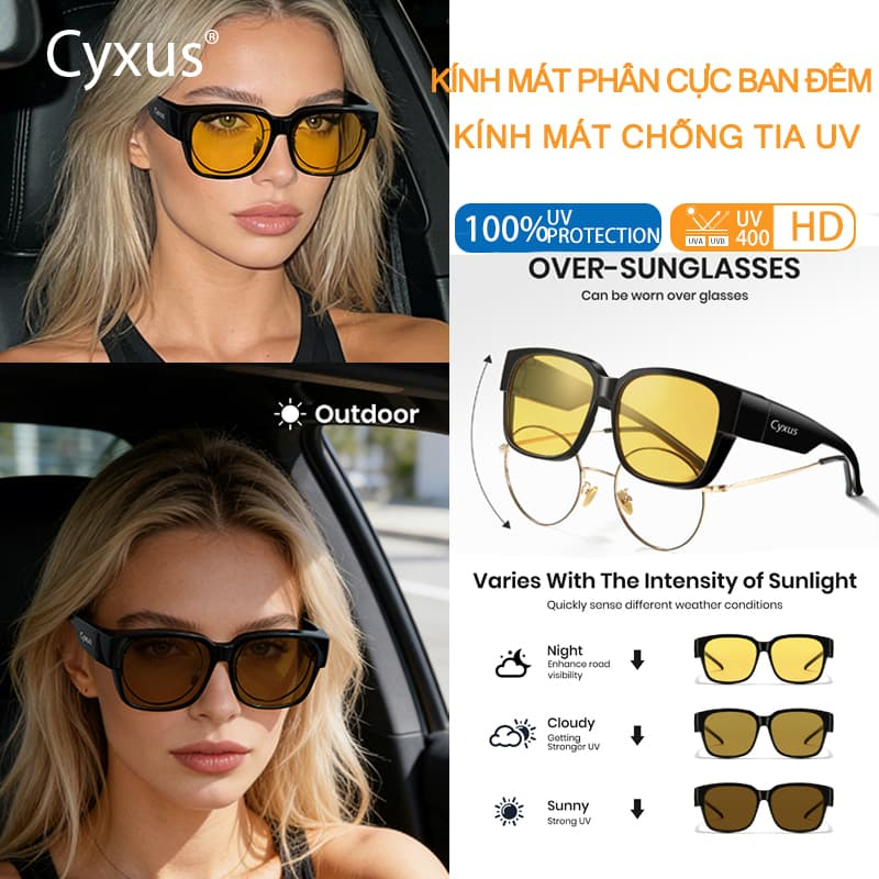 Cyxus Kính râm/Có thể đeo chồng lên kính cận, gọng TR90, unisex, phù hợp với mọi khuôn mặt 1821Hi