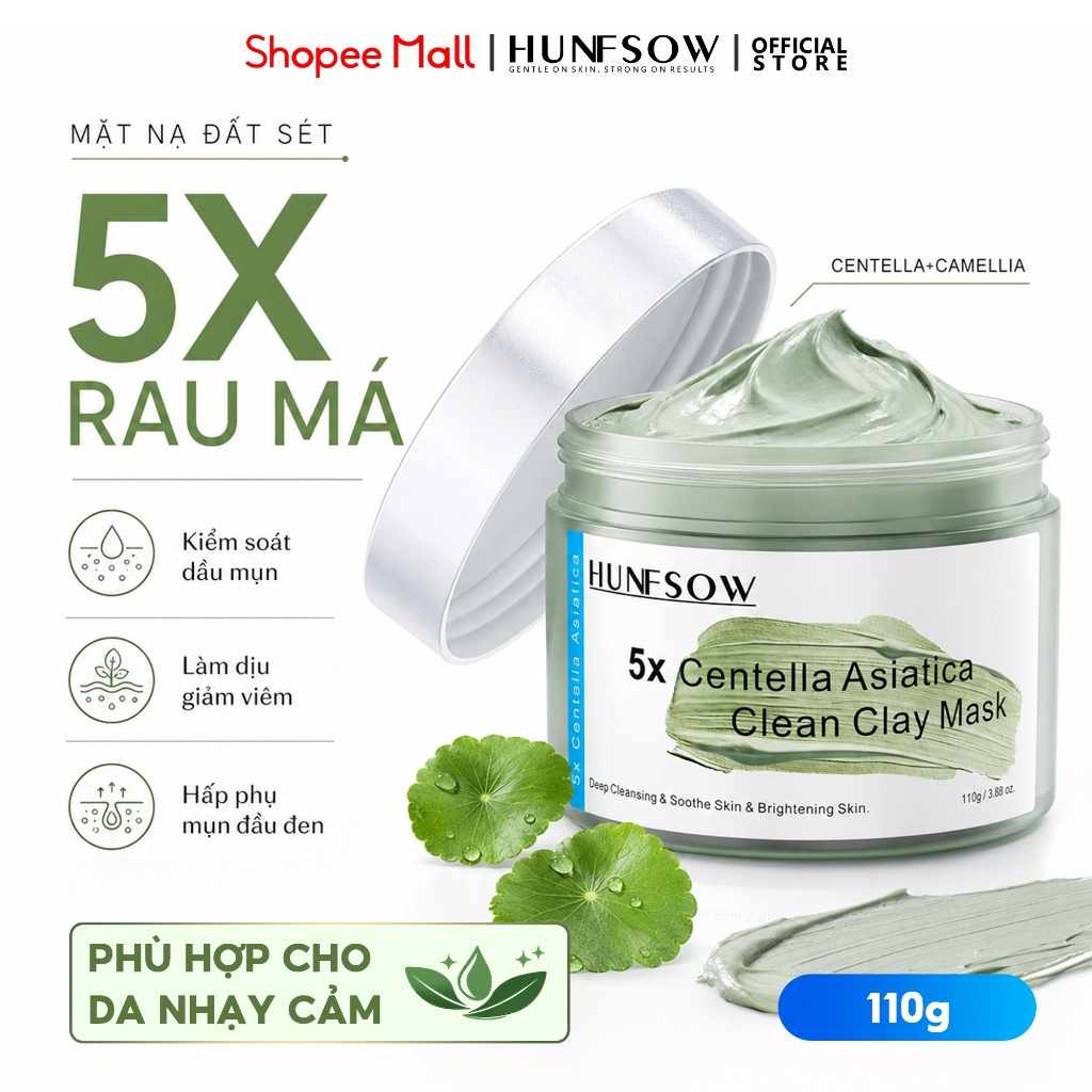 Mặt nạ đất sét Hunfsow mặt nạ rau má 5X kiềm dầu và Dưỡng ẩm và dưỡng da mềm mịn Làm sáng da thu nhỏ lỗ chân lông cao cấp dưỡng Làm sạch dịu nhẹ Cho Da Mụn Da Dầu Nhạy Cảm