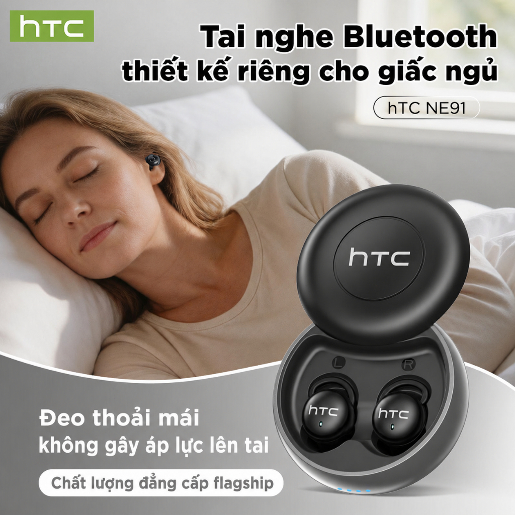 Tai nghe ngủ Bluetooth không dây HTC NE91: Khử tiếng ồn chủ động, cách ly tiếng ồn vật lý, trình điều khiển Hi-Fi 13mm, cuộc gọi rõ ràng và điều khiển cảm ứng thông minh.
