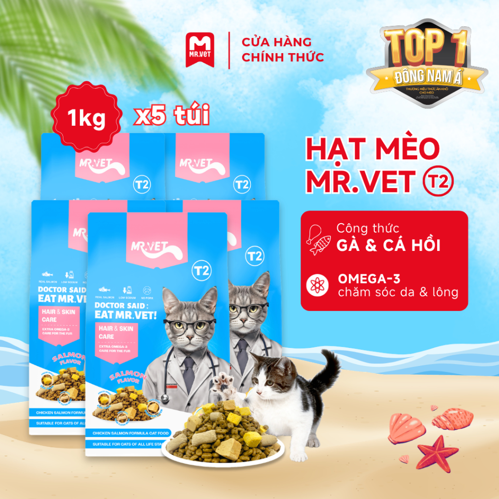 Hạt Cho Mèo MRVET T2 Combo 5 Gói 1KG, 30% Protein Từ Gà, Cá Hồi, Giúp Dưỡng Da, Mượt Lông, Sáng Mắt