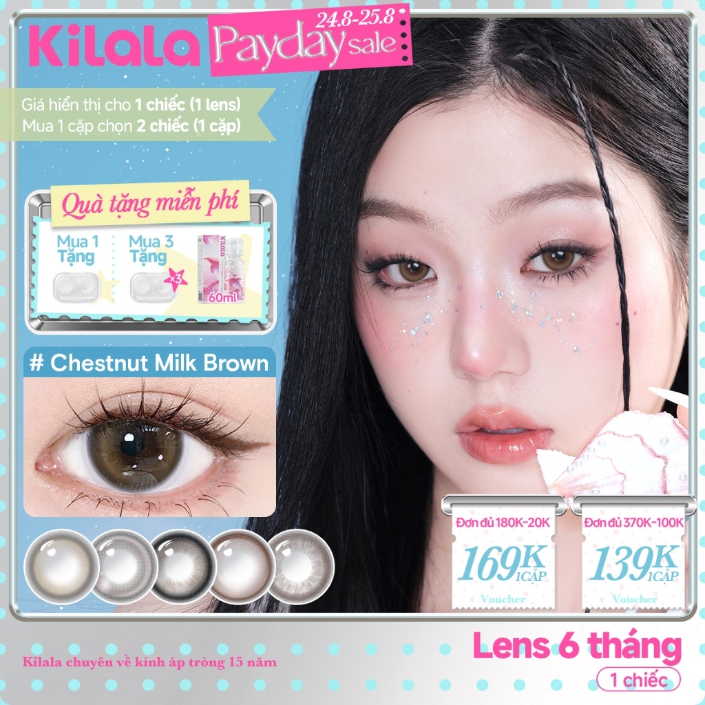 Kính áp tròng màu Kilala - Nâu Chestnut Milk Brown/ Xám Lychee Grey/ Xanh Pandora Blue lens cận 6 tháng DIA 14.2mm có độ (0-7)  Ocean Pearl Collection[Giá 1 chiếc lens ]