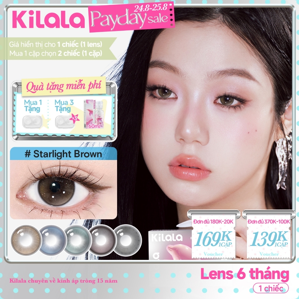 Kính áp tròng Kilala màu nâu Starlight Brown/ màu xanh Icy Blue  DIA  14.2mm lens cận 6 tháng có độ 0-7  [Giá 1 chiếc lens ]