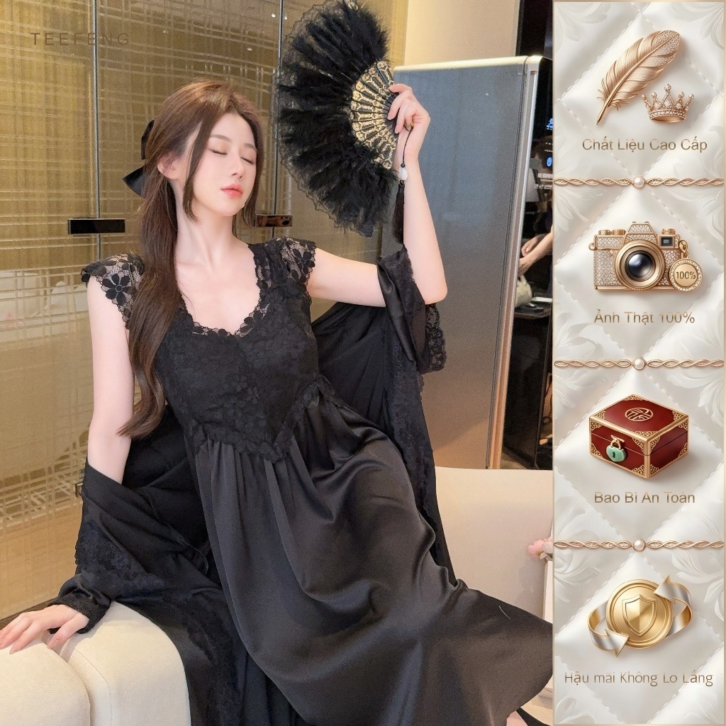 TEEFENG Váy Ngủ Nữ Lụa Cao Cấp Ren Phong Cách Sang Trọng Hoa Dài Tay Có Miếng Lót Ngực Loungewear