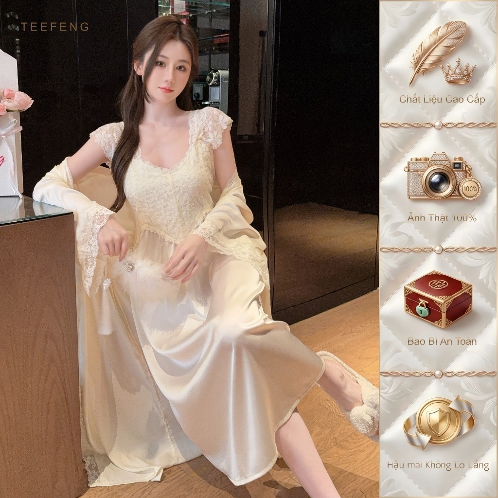 TEEFENG Váy Ngủ Nữ Lụa Cao Cấp Ren Phong Cách Sang Trọng Hoa Dài Tay Có Miếng Lót Ngực Loungewear