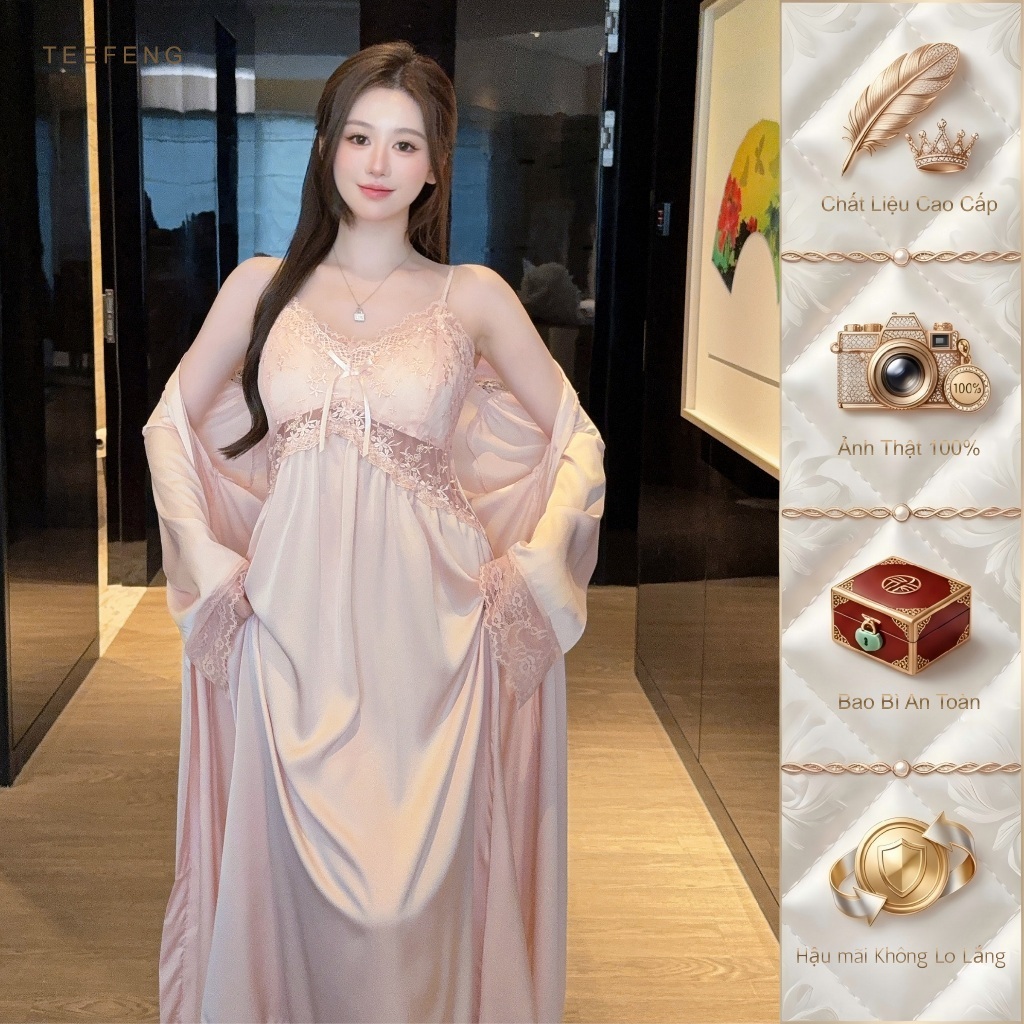 TEEFENG Váy Ngủ Nữ Lụa Cao Cấp Ren Phong Cách Sang Trọng Hoa Dài Tay Có Miếng Lót Ngực Loungewear