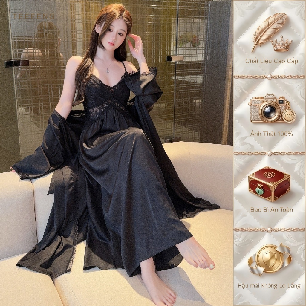 TEEFENG Váy Ngủ Nữ Lụa Cao Cấp Ren Phong Cách Sang Trọng Hoa Dài Tay Có Miếng Lót Ngực Loungewear