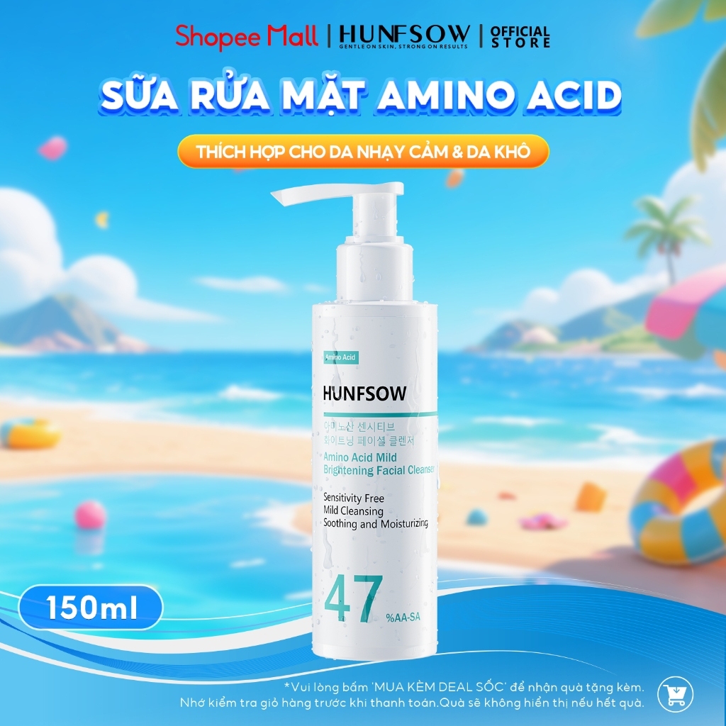 Sữa Rửa Mặt Amino Acid HUNFSOW Làm sạch sâu trắng da phục hồi da dầu mụn và nhạy cảm 150ml