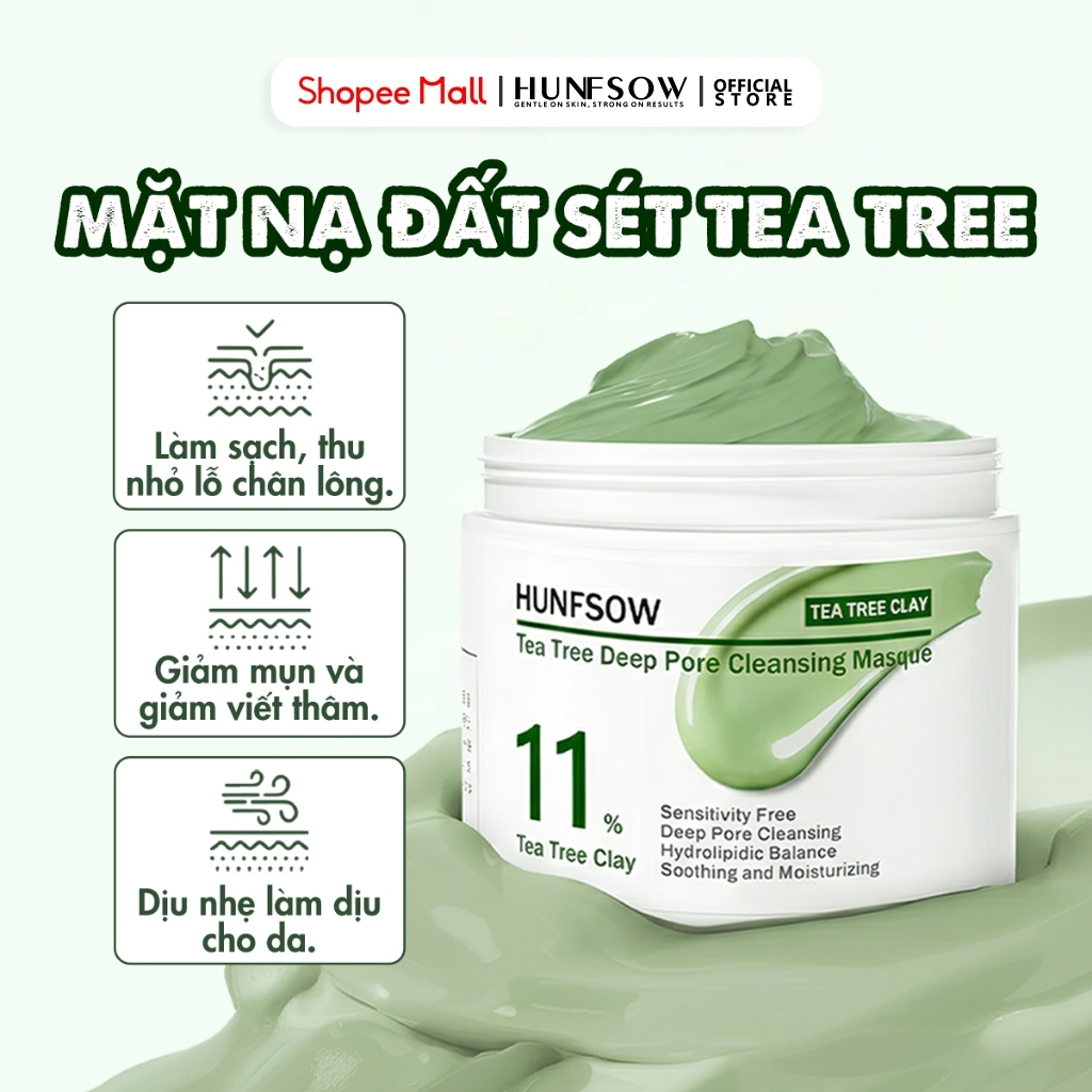 Mặt Nạ Đất Sét HUNFSOW Rau Má thu nhỏ lỗ chân lông Giảm Mụn & Kiểm Dầu Cho Da Mụn Da Dầu Nhạy Cảm 120g