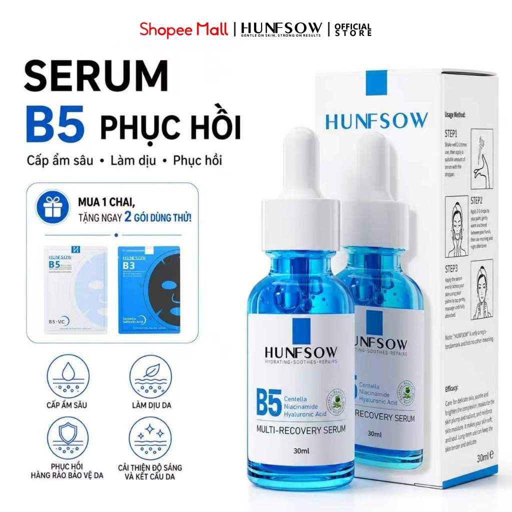 Serum B5 HUNFSOW Phục Hồi, Cấp Ẩm, Làm Dịu Da, Niacinamide, Panthenol, Rau Má, Hyaluronic Acid 30ml