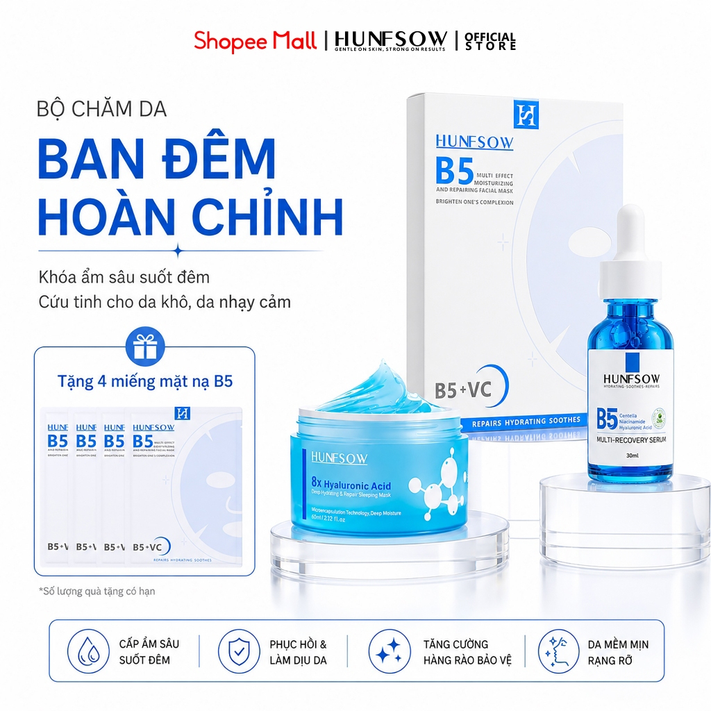 [Bộ Chăm Sóc Da Ban Đêm] Combo Mặt Nạ VC + Serum B5 + Mặt Nạ Ngủ Hunfsow Cấp Ẩm Sâu, Dưỡng Ẩm, Nuôi Dưỡng Da