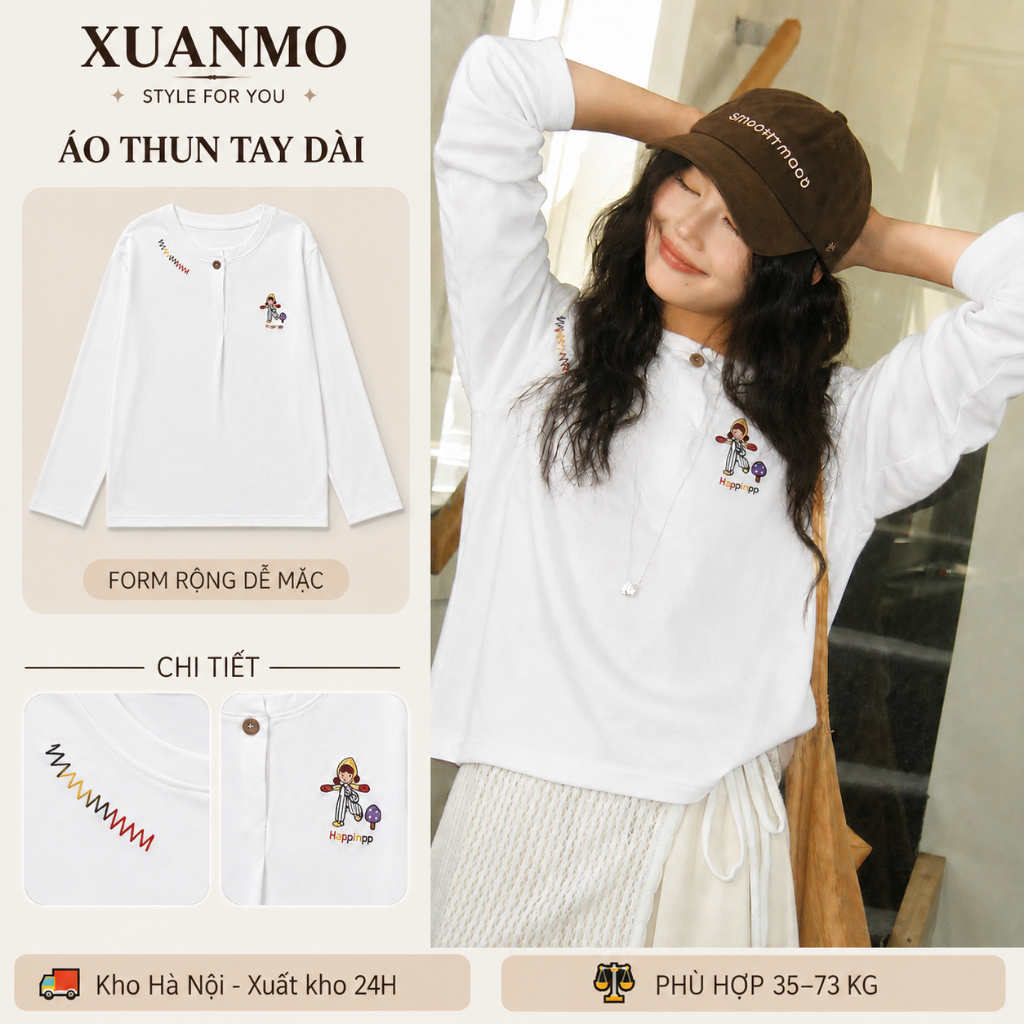 Áo thun dài tay cổ nửa mở màu trắng cầu vồng cho bé gái