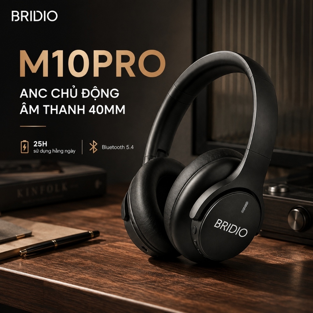 Tai Nghe Bluetooth Chụp Tai BRIDIO M10 PRO ANC Chống Ồn Chủ Động Âm Thanh Rõ Loa 40mm Pin 25H AUX Gập Gọn