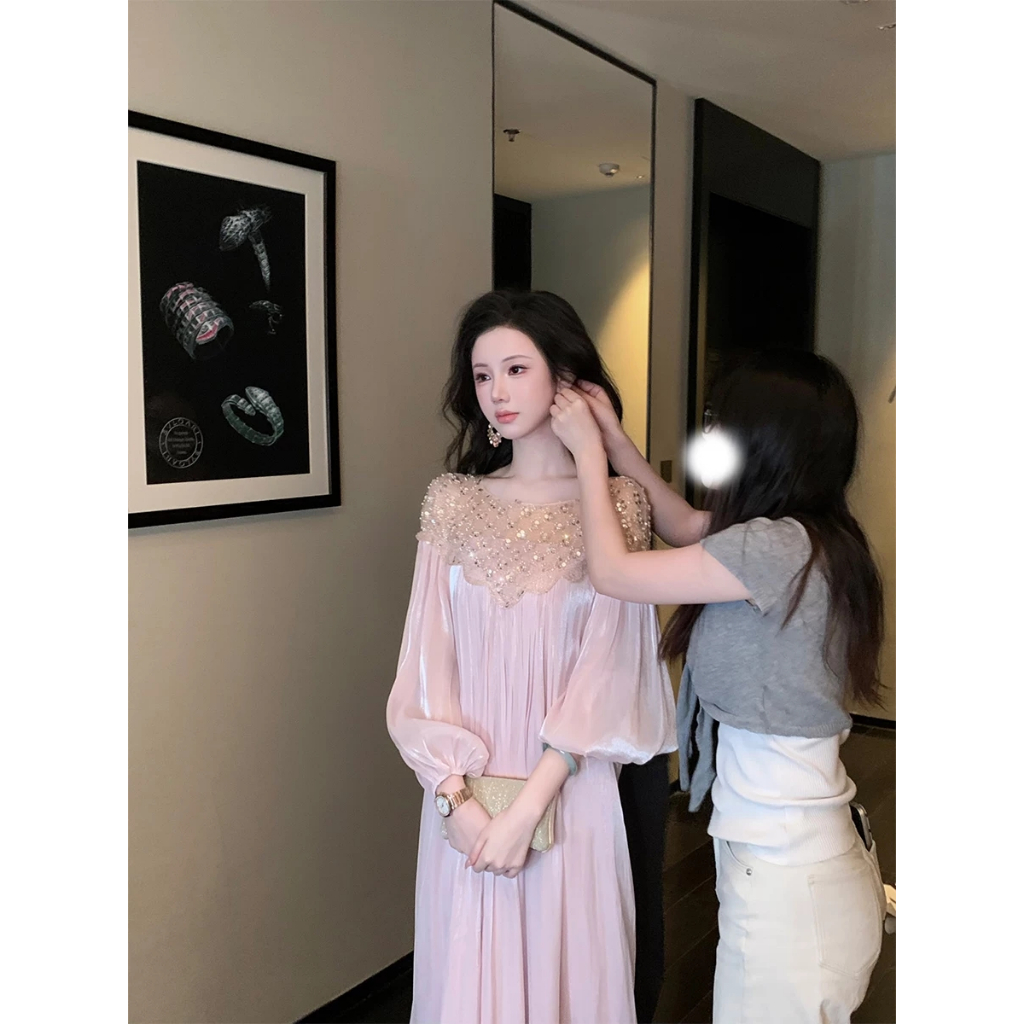 Váy dài thời trang màu trơn kiểu Pháp dành cho nữ cổ tròn dáng rộng đính sequin dài tay dài chữ A