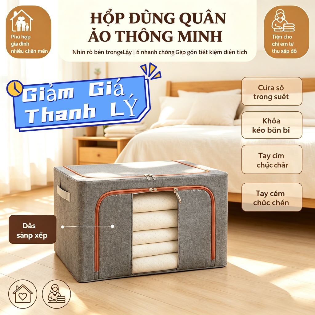 Hộp Lưu Trữ Quần Áo Cotton Lanh 24/66/100L - Có Nắp, Gập Gọn, Cửa Sổ Trong Suốt - XẢ HÀNG GIÁ SỐC - Dung Tích Lớn Cất Chăn Ga Tại Nhà