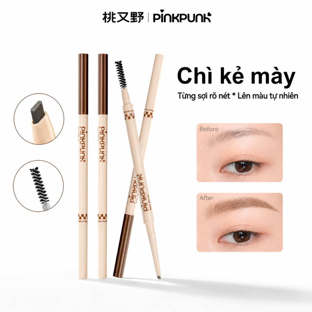 Chì kẻ mày đầu vát PinkPunk tự nhiên chống thấm nước lâu trôi 2 màu Ngòi mảnh 2mm
