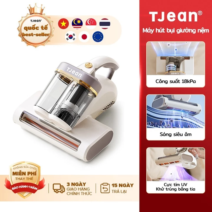 TJean Máy hút bụi giường nệm cầm tay – Lực hút 18Kpa, UV diệt khuẩn, hộp bụi kép