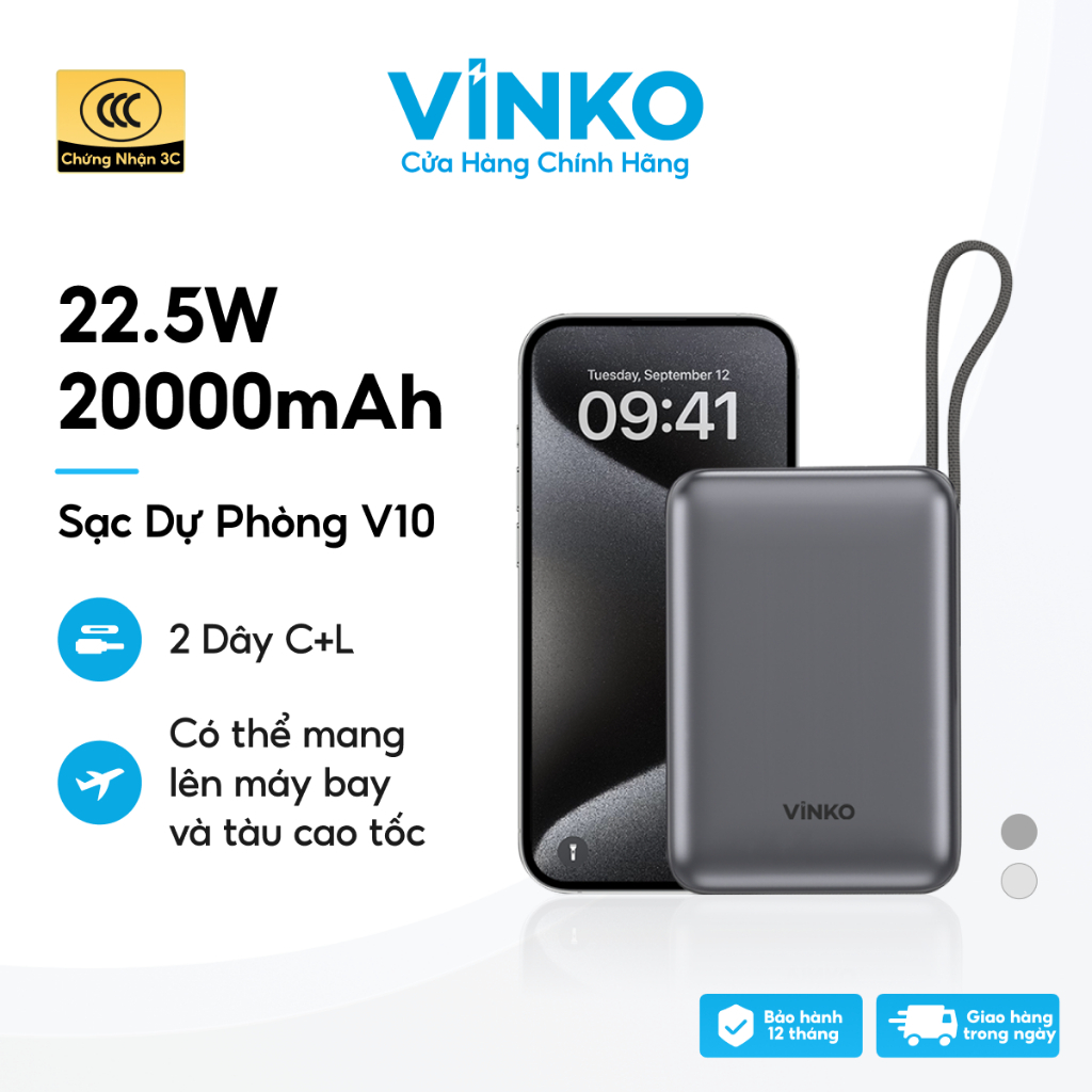 Sạc dự phòng VINKO V10 chứng nhận 3C, 20000mAh 22.5W, tích hợp dây cáp sạc Type-C, màn hình LED, cho iPhone Samsung