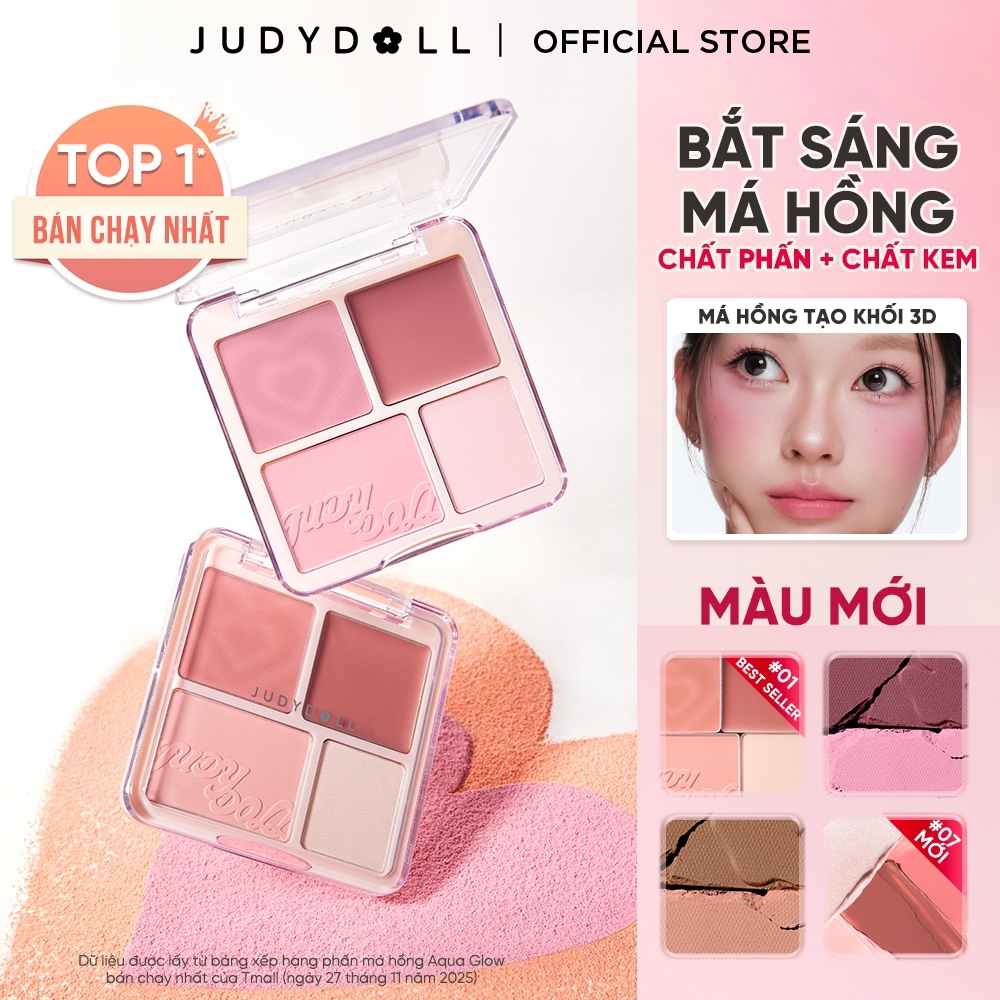 Bảng Phấn Má Hồng & Bắt Sáng 4 Ô JUDYDOLL Blush & Highlight Palette Chất phấn + Má hồng kem Mềm mịn Tiệp da Lâu Trôi 9g
