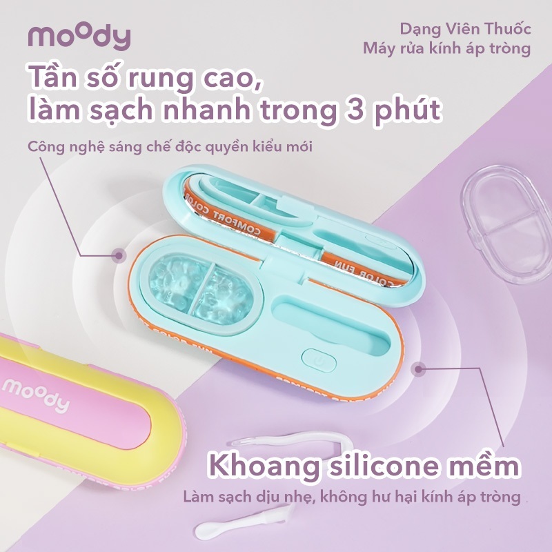 Máy rửa lens moody hình viên thuốc, màu sắc đa dạng dễ thương, làm sạch bằng sóng âm, phù hợp cho học sinh sinh viên
